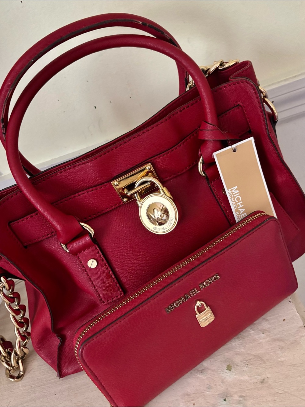 Michael Kors Red Leather Satchel with Gold Hardware and Matching Red Zip Pouch